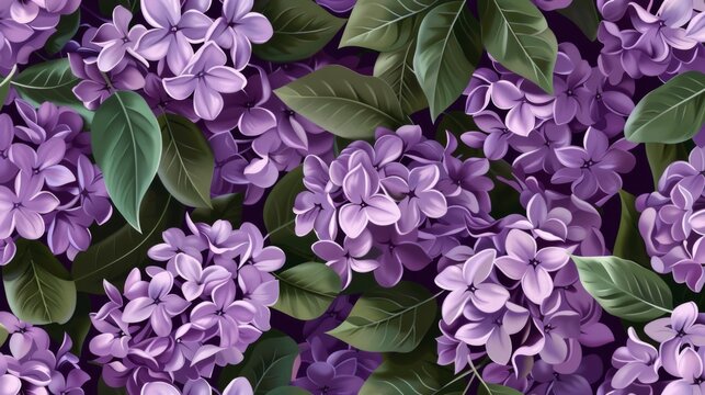 Seamless background pattern.&nbsp;lilac flowers and leaves.&nbsp;Horizontal format