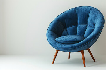 A modern blue armchair with wooden legs. Blue velvet furniture, modern design.