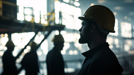 Silhouetted workers in an industrial plant using cutting-edge technology, photo-realistic detail, advanced manufacturing environment, high-tech equipment