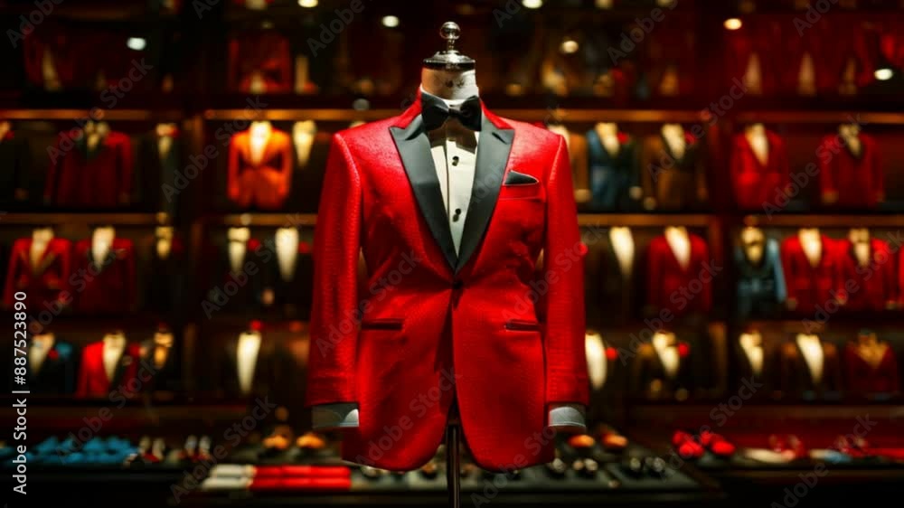 Wall mural An isolated black background displays a mannequin in a red tailored suit, tuxedo, against a red background