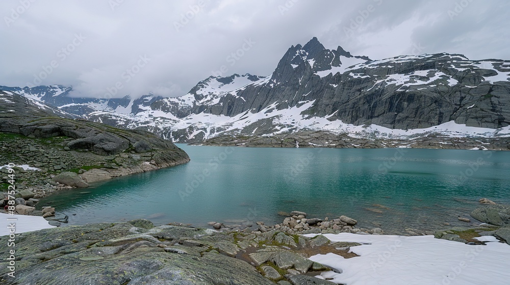 Poster a large lake encircled by snow-capped mountains and a distant mountain range with a few snow-topped 