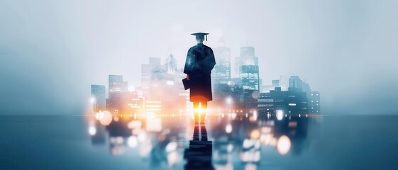 Graduate holding a diploma in front of a futuristic cityscape, illustrating the bright future and career opportunities