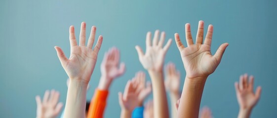 Students raising hands in class, eager to participate, interactive learning, back to school