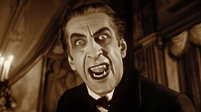 Vintage portrait of male actor in vampire costume. Concept of classic horror, old cinema, gothic character, Halloween costume, Dracula castle
