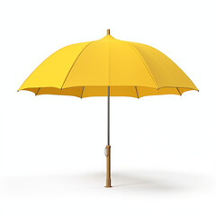Vibrant Yellow Umbrella with Classic Design and Wooden Handle Isolated on White Background