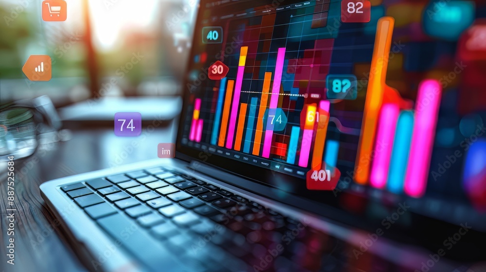Wall mural closeup screen of the laptop or notebook device, displaying the colorful website traffic metrics, gr