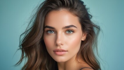 Naklejka premium Close up portrait of a beautiful woman with clear skin and blue eyes, looking confident and serene against a blue background.