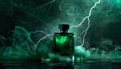 green perfume bottle isolated on dark black lightning background, representing power and masculinity. Men's perfume brand bottle product display mock up.  