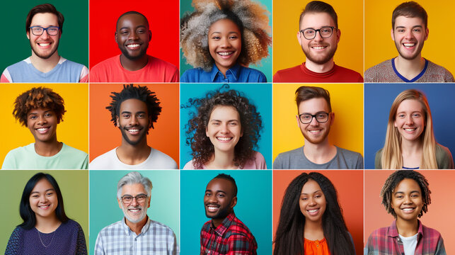 A grid of smiling people from different age groups and ethnicities,