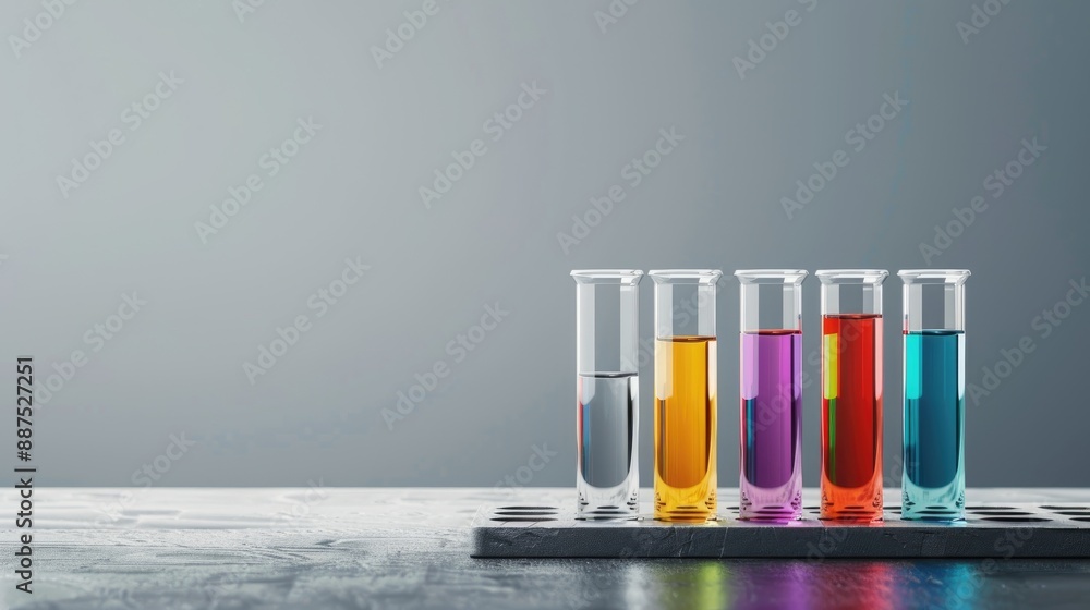 Poster laboratory test tubes on grey background with space for text concept of science research and chemist