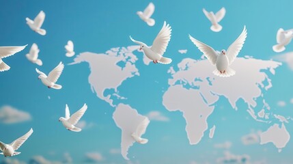 3D render of a global map with white doves flying over it, blue sky, Peace Day, world harmony