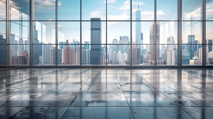 A captivating view of an expansive city skyline seen through large floor-to-ceiling windows. The scene highlights a diverse range of skyscrapers under a bright blue sky