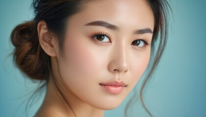 Fototapeta premium Close up portrait of a serene woman against a minimalist background. Perfect for beauty, skincare, and fashion concepts.
