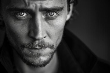 A man's cold facial expression on a black background