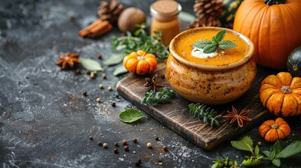 Fototapeta premium Pumpkin Soup with Spices and Herbs