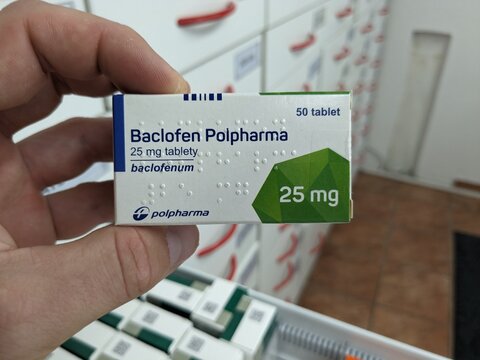 Prague, Czech Republic - July 10 2024: BACLOFEN POLPHARMA box of medication with BACLOFEN active substance by POLPHARMA, used for treatment of muscle spasticity and spasms.

