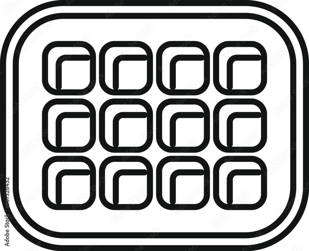 Poster overhead view of a simple ice cube tray, featuring twelve compartments for freezing water into ice