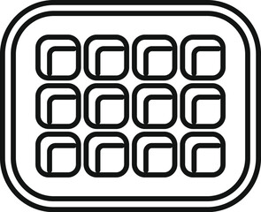 Overhead view of a simple ice cube tray, featuring twelve compartments for freezing water into ice