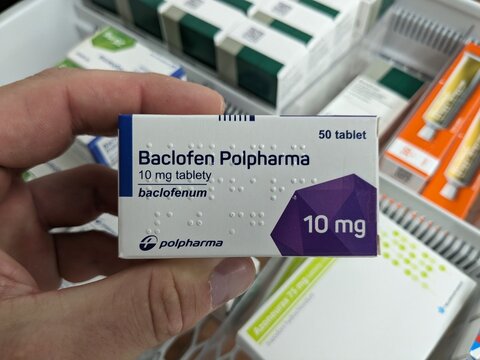 Prague, Czech Republic - July 10 2024: BACLOFEN POLPHARMA box of medication with BACLOFEN active substance by POLPHARMA, used for treatment of muscle spasticity and spasms.
