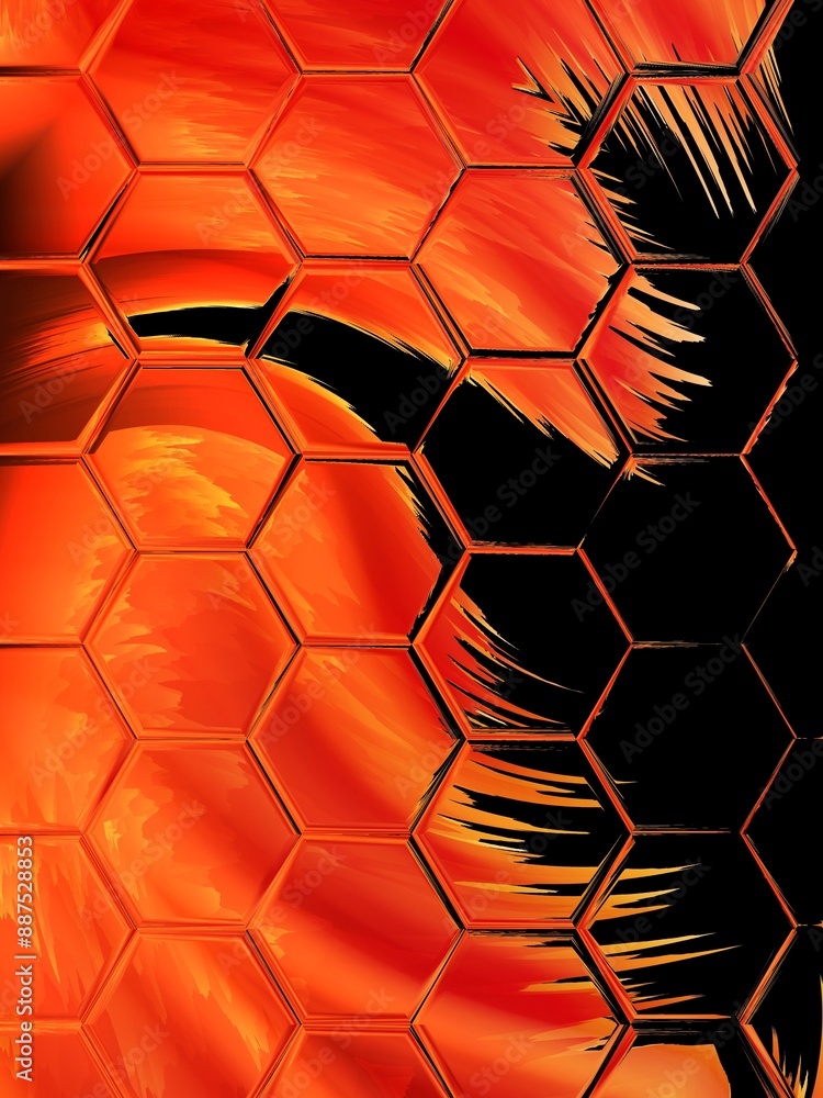 Aufkleber vivid red orange and black with similar but different hexagonal shaped tiles in mosaic variation des