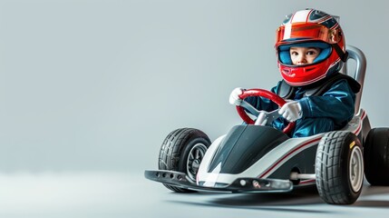Children's dream careers, Occupation. A Race Car Driver. A happy child in racing gear sits behind the wheel of an electric toy car.