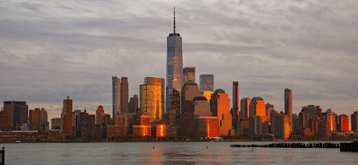 Manhattan skyline with WTC. Financial District NYC. Twin Towers memorial. World Trade Center over...