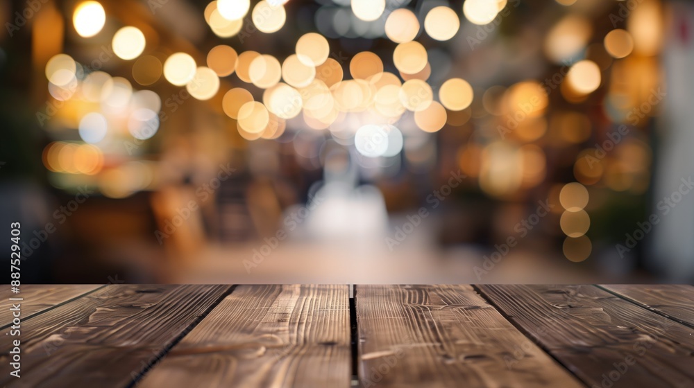 Poster a close-up of a rustic wooden table with a blurred background of warm bokeh lights, creating a cozy 