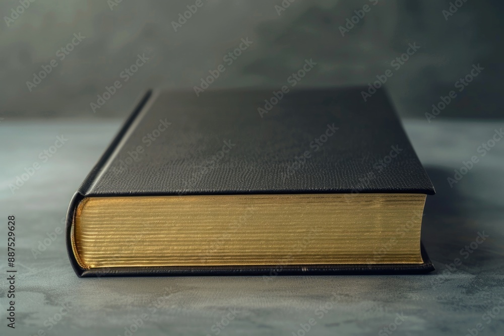 Poster a book with a black cover is placed on a table, often used as a symbol of knowledge or wisdom