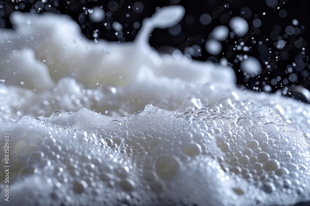 Poster a close-up shot of a foamy substance on a black surface, suitable for use in scientific or technical