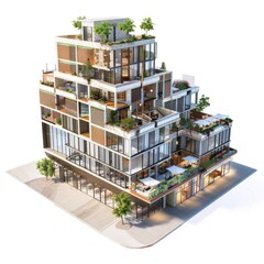 3D Render of a Mixed-Use Development with Shops and Apartments, on isolated white background, Generative AI