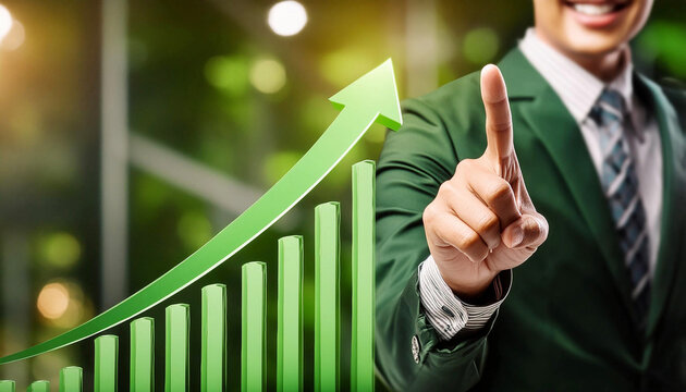 Green arrow business graph stock market arrow growing pointing up on economic boom chart icon trending upwards financial board rises forex profit background chart.