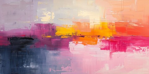 Abstract painting, beautiful bright colors, large brushstrokes, sunset beach, square composition, amazing background, soft lighting, geometric shapes, minimalist style