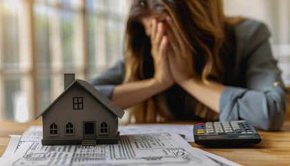 Businesswoman with financial stress at desk with house model, documents, and pen, face buried in hands