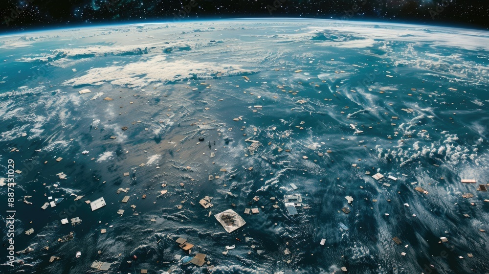 Poster aerial view of the earth from a space station, showing the curvature of the planet and clouds