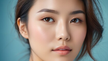 Fototapeta premium Close up portrait of a serene woman against a minimalist background. Perfect for beauty, skincare, and fashion concepts.