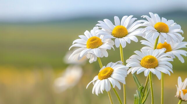 Close-up of beautiful white daisies blooming in a green field on a sunny day, showcasing the beauty of nature and springtime flowers.