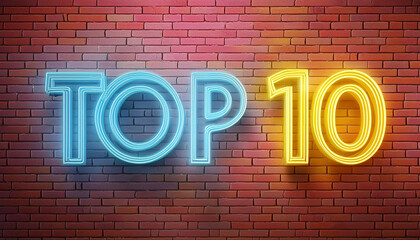 Obraz premium Top 10 neon blue and yellow light text on empty red brick wall banner. Bright sign of top ten list winners at night. Design template of modern signboard or advertising image.