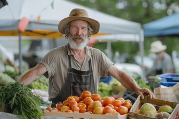 Fototapeta premium A farmer enthusiastically sells fresh produce at a bustling farmer's market, embodying local business vitality, agricultural pride