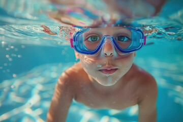 Fototapeta premium Happy cute boy swimming and dive underwater wearing swimming goggles, kids water sports activity
