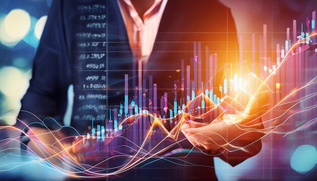 Vibrant and dynamic image that represents the concept of a thriving stock market, energy and momentum of the financial world, incorporating elements like upward trending graphs.