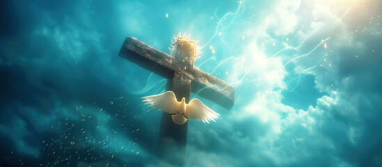 Representation  trinity of father , son and holy spirit . Dove as holy spirit cross as Jesus christ and thorned crown representing king of kings 