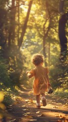 Naklejka premium A little girl walking down a path in the woods