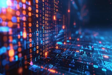 Abstract binary code, digital data, futuristic background.