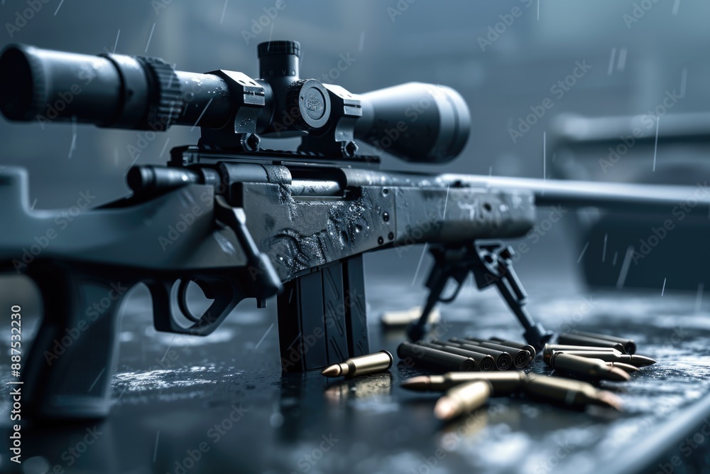 Poster close-up shot of a rifle lying on a table, useful for editorial and commercial use