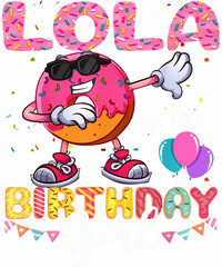 A donut with sunglasses and a birthday hat, dabbing with the text 