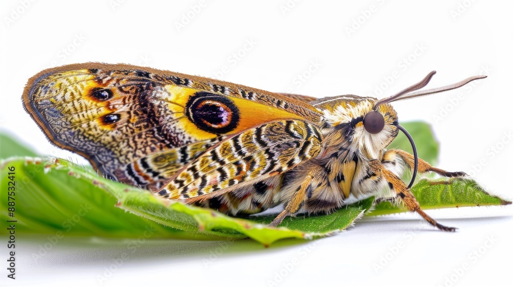 Poster a butterfly with a yellow and brown pattern sits on a leaf