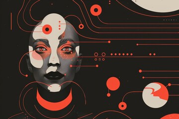 Abstract portrait with red lines and circles.