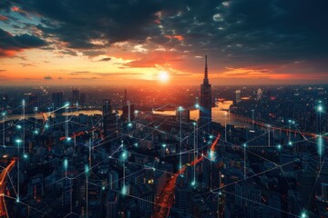 Fototapeta premium Cityscape with Network Connections at Sunset.