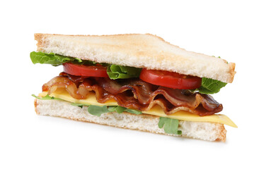 Delicious sandwich with fried bacon isolated on white