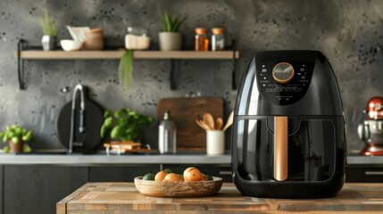 Black oil - free or air fryer appliance on a wooden table in a kitchen with a cement wall